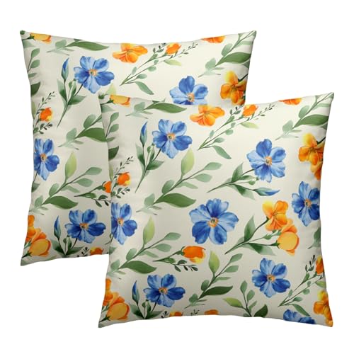 Juego de 2 fundas de almohada de flores azules y amarillas de 18 x 18 pulgadas, fundas de almohada decorativas de primavera y verano, funda de cojín cuadrada de algodón para exteriores, para el hogar,