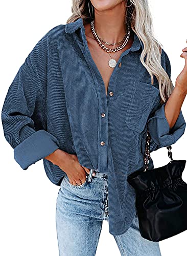 GRMLRPT Camisa de Manga Larga Camisas de Pana con Bolsillo Mujer Camisas de Moda de Mujer Otoño Camisas Blusas Tops para Primavera Y Otoño(Azul,L) Cover