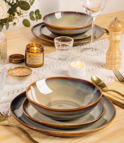 Image of Ceramic Dinnerware Set for 4, 12-Piece Plates and Bowls Set | Handmade Reactive Glaze Dish Set, Scratch Resistant, Oven & Microwave & Dishwasher Safe, Mocha Brown