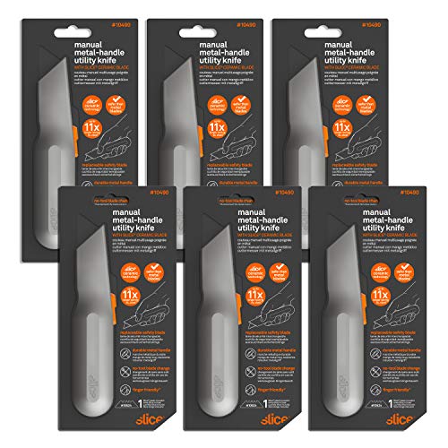 Slice 10490 Metal-Handle Utility Knife, Finger Friendly Ceramic Blade, 3 Cutting Depths, Comfortable Heavy Metal Grip, Stores Extra Blade - 6 Pack