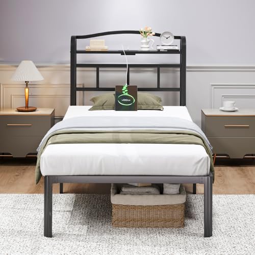 HAVONIZD Twin Bed Frame - Storage Headboard with Charging Station, 14 Inch Sturdy Metal Platform Bed Frame No Box Spring Needed, Easy Assembly, No Noise, Black - Thumbnail 6