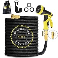 HmiL-U Garden Hose 50ft 15m Strongest Double Latex Inner Tube Prevent Leaking Magic Hosepipe with 9 Function Spray Gun+Solid Brass Fittings (Retracted Length 17ft)【2 YEARS 100% Guaranteed】(50ft)