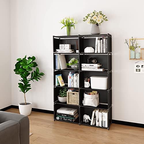 MOYIPIN 10-Cube Storage Shelves, Portable Bookshelf, Closet for Family Study, Organiser Rack, Cabinet in Living Room, Easy to Assemble Black