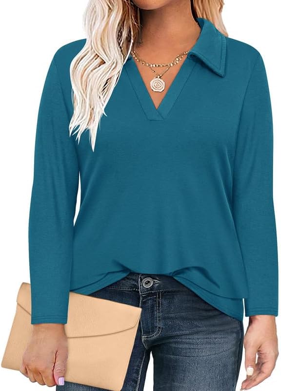 TIYOMI Plus Size Polo Shirts for Women V Neck Long Sleeve Business Collared Shirt Casual Loose Fit Fall Tops Blouse XL-5XL