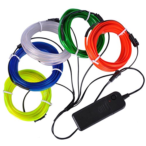 AutoEC® Set de 5 Tiras de Luces Led 3M, Luces de neón, luces estroboscópica para uso en el interior de su coche, Cosplay, Decoración de navidad, Halloween (blanco, azul, rojo, amarillo y verde)