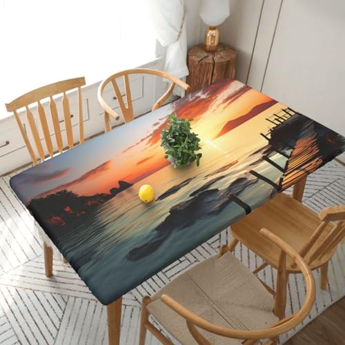 Xzeit Seascape Sunset Ocean Beach Rectangle Tablecloth Elastic Fitted Table Covers for 5 Ft Tables Stretch Table Cloths Outdoor Waterproof Table Cloth Cover for Picnic Camping Indoor Outdoor 30