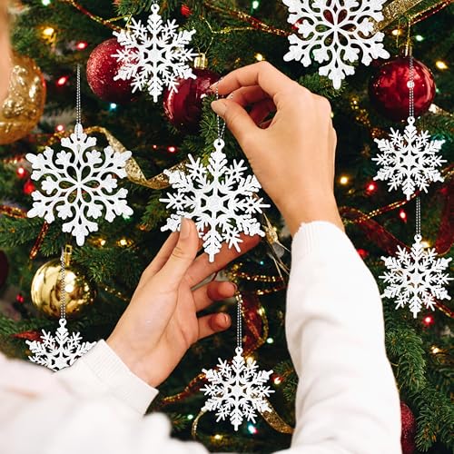 Image of 60pcs Snowflakes-Christmas Tree Decorations, Snowflake Ornaments for Tree, Plastic Glitter White Snow Flakes Ornaments, Christmas Indoor Winter Wonderland Decor