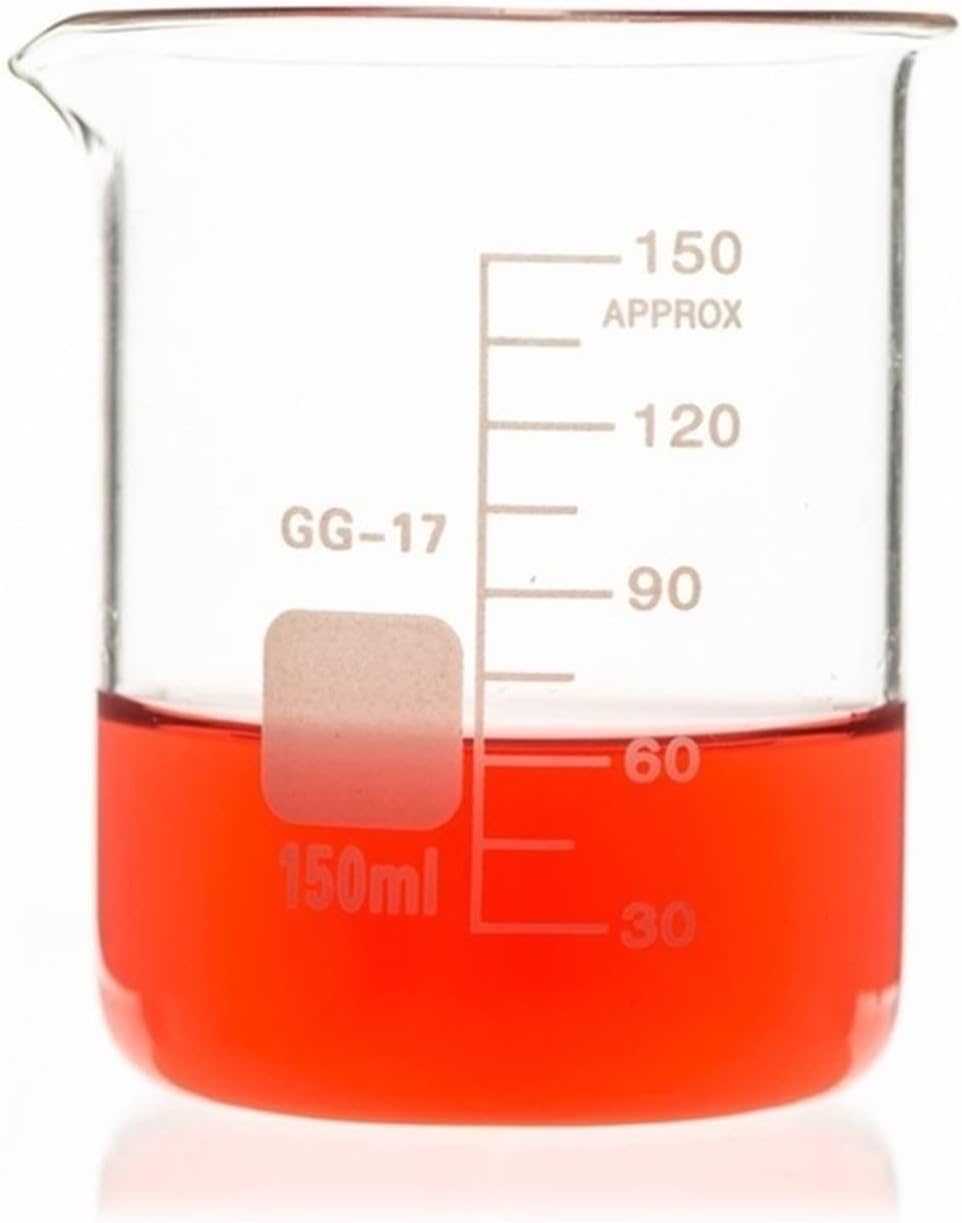 Becher in Vetro da 150 ml con Scala Trasparente, Vetro borosilicato, Vetro Addensato Resistente al Calore, Forma Bassa, misurino da Laboratorio, Confezione da 6