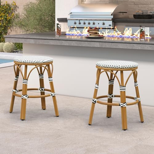 Image of PURPLE LEAF Patio French Round Counter Stool Set of 2 Large 26 inch Rattan Backless Barstool Bamboo Print Aluminum Frame with Woven Wicker for Indoor Outdoor Island Bar Chair White and Black