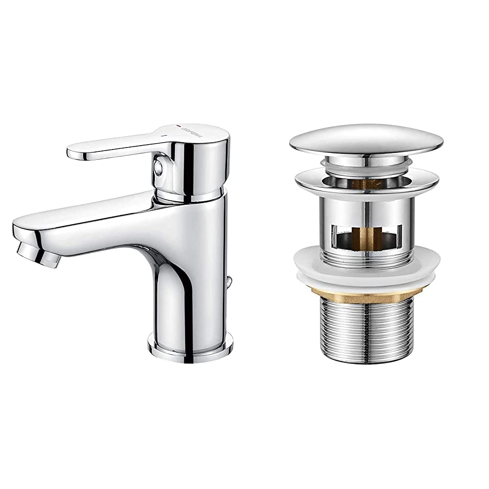 Grifema G11003 - Mezclador Monomando Lavado Latón,Cromo & Ibergrif, Scarico Lavabo Bagno Universale Pop Up 1/4 '', Valvola Piletta Lavandino Click Clack