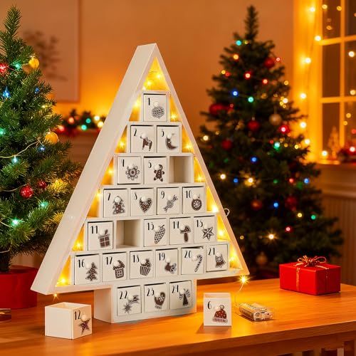 Calendrier de l'Avent bois rechargeable avec LED compte à rebours Noël réutilisable