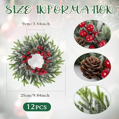 Image of 12 Pcs Christmas Candle Rings Wreath Mini Christmas Table Centerpieces Red Berry Pinecones Wreaths for Kitchen Cabinet for Holiday Table Centerpiece Farmhouse Front Door Porch Wall Decoration