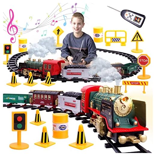 FORMIZON Tren Juguete para Niños, Tren de Navidad Eléctrico, Control Remoto Juegos De Trenes De Vapor con Humo, Luz, Sonidos, Locomotora de Vapor con Vías, Juegos Regalos para Niños