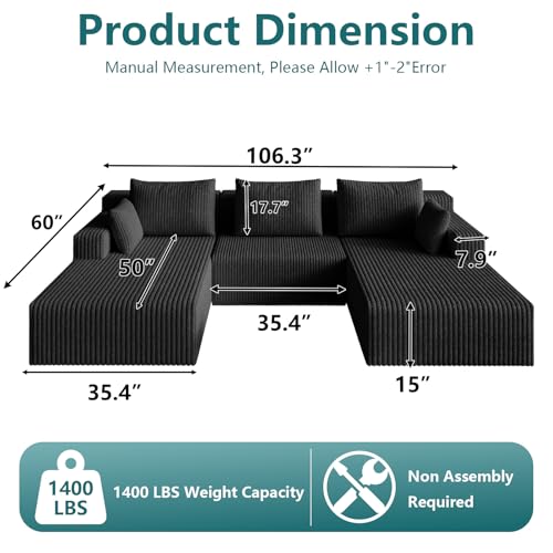 Image of 107 inch U-Shape Cloud Couch, Modern Modular Sectional U-Shape Sofa, Corduroy Boneless Couch Upholstered Couches Deep Seat Sleeper Chaise Longue for Living Room, No Assembly Required, Black