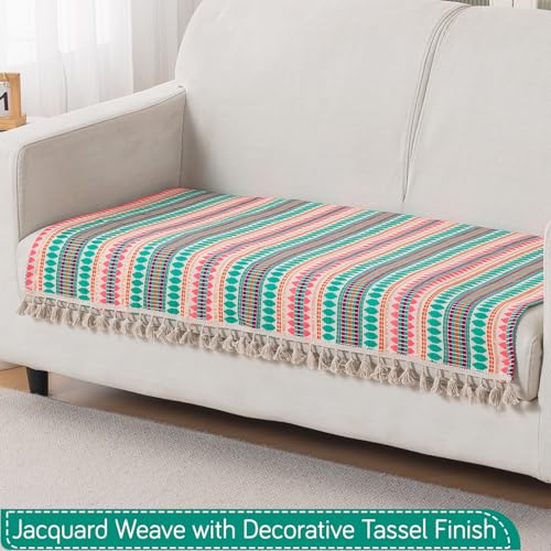 Image of HOKIPO 'Artisan Boho Series' Sofa Cover Mat with Tassel | 450 GSM Cotton Acrylic Jacquard for 2 Seater Sofa, Mint Green (IN-902-A7*S)