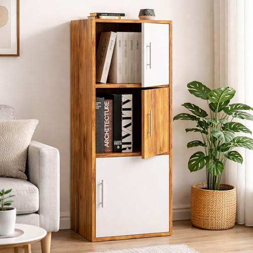 Image of Callas Wooden Book Rack | Multi-Compartment Storage Cabinet | Space-Saving Vertical Bookshelf with Doors | Durable & Sturdy Organizer for Home & Office (Walnut, 3 Tier)