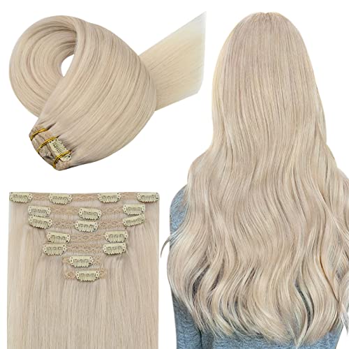 JoYoung Clip in Hair Extensions Platinum Blonde Human Hair Clip in Extensions Double Weft Blonde Clip on Hair Extensions 120gram 7pcs 20inch