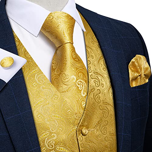 Image of DiBanGu Mens Vest and Tie Set Formal Paisley Waistcoat and Necktie Pocket Square Cufflinks Silk Suit Vest for Tuxedo Wedding