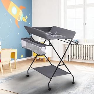 Baby Changing Table Portable Folding Diaper Changing Station with Wheels, Adjustable Height Mobile Nursery Organizer with Safety Belt and 2 Large Storage Racks for Newborn Baby Infant (Grey)