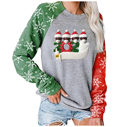 Women Xmas Print Splicing Long Sleeve Sweatshirt T Shirt Elk Christmas Blouses Casual Round Neck Pullover Shirts Top