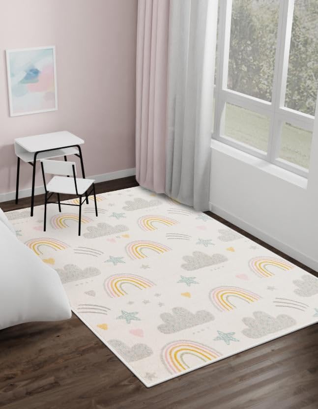 Image of Unique Loom Whimsy Collection Area Rug (Rectangular 5' 3" x 8' 0", Ivory/ Light Blue)