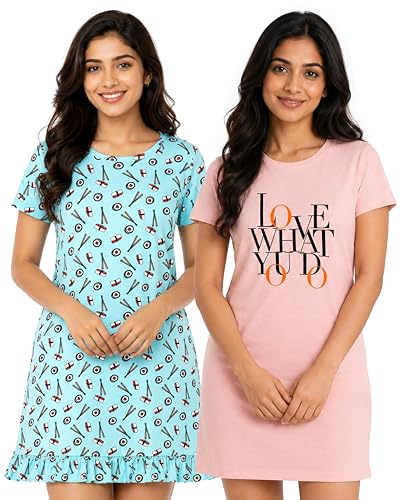Image of Real Basics Women's Cotton Printed Knee Length Nightdress
