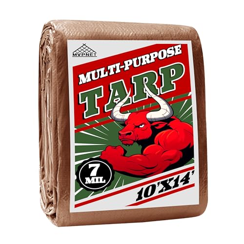 Tarp 10x14 ft 100% Waterproof 7mil Durable Grommets and Reinforced Edges,Uv Resistant,Green/Brown Tarp,Emergency Rain Shelter,Outdoor Cover and Camping Use -by MVPNET