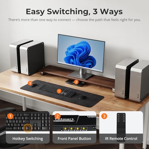 Image of TESmart USB 3.0 HDMI KVM Switch 1 Monitor 4 Computers 4K@60Hz, L /R Audio & Microphone, 4 Port EDID Emulators, Hotkey Switching, Button Switching with Remote Switch and All Input Cables