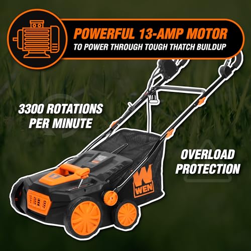 Image of WEN 15-Inch 13-Amp 2-in-1 Electric Dethatcher and Scarifier with 12-Gallon Collection Bag (DT1315)