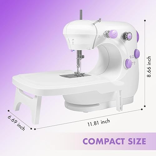 Miniatura 5 de Mini máquina de coser para principiantes y proyectos de bricolaje, máquina de coser portátil con mesa de extensión, luz LED y características de