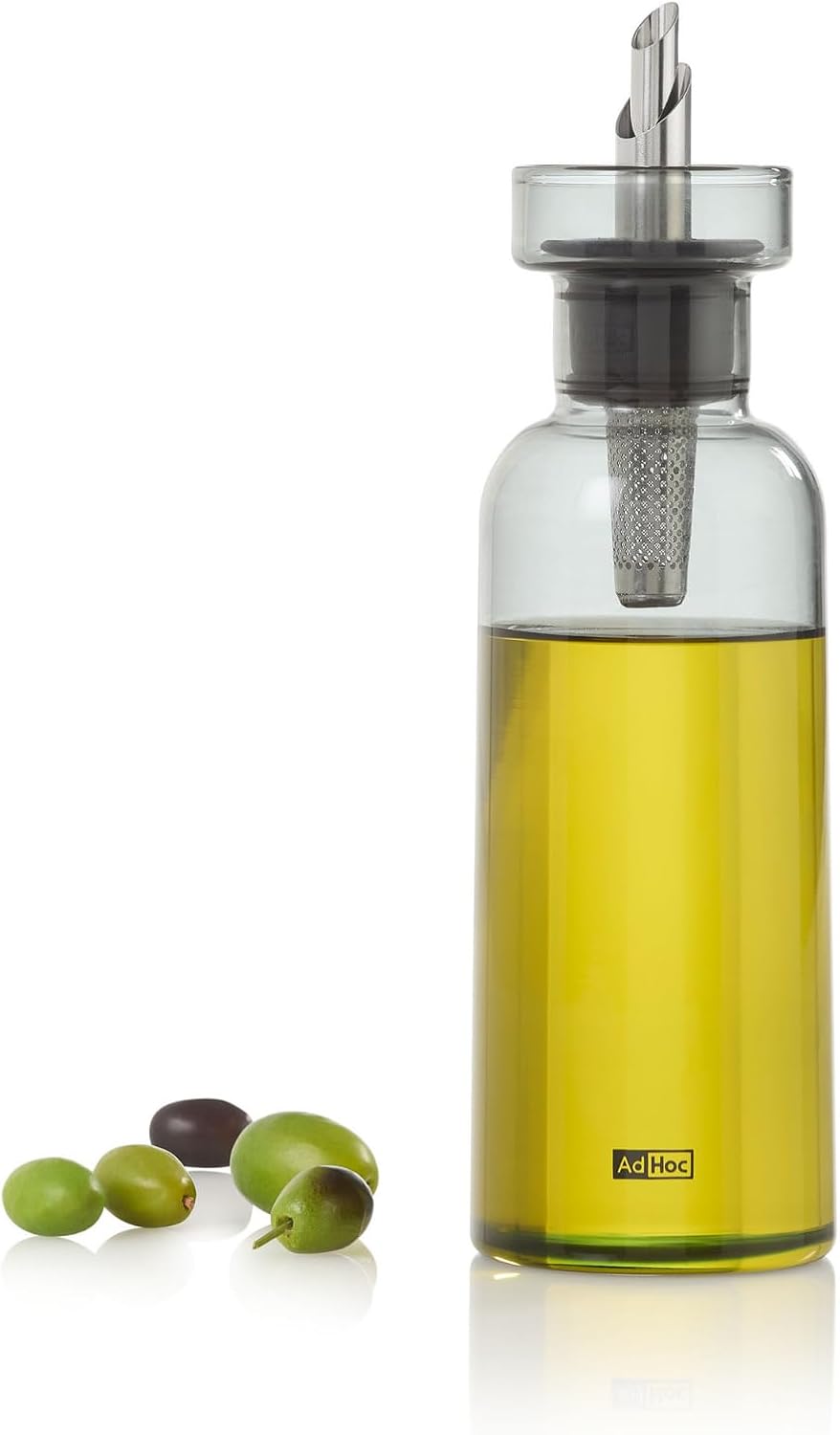 AdHoc AromaPour Oil & Vinegar Dispenser - Reusable, No-Drip Glass Container with Stainless Steel Filter - Dishwasher Safe - 10 oz