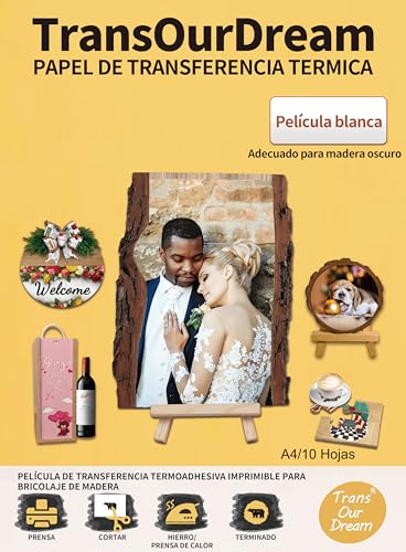TransOurDream-Papel de transferencia térmica para madera oscuo2.0,Wood transfer paper(10 hojas, A4) Transferencias imprimibles con plancha para madera, fácil de usar (impresora de inyección de tinta)