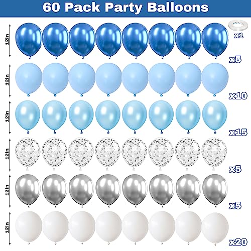 Image of Jobkoo Blue and White Balloons, 60 Pcs 12 Inch Pastel Baby Blue Silver Latex Balloon with Metallic Confetti Balloons Graduation Balloon for Boys Birthday Baby Shower Christening Grad Party Decorations