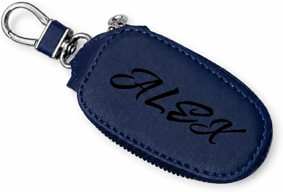 Custom Laser Engraved Premium PU Leather Zipper Key Pouch, Personalized Auto Key Case, Black/Brown/Red/Blue/Coffee, Luxury Keepsake Gift for Men & Women (Blue)