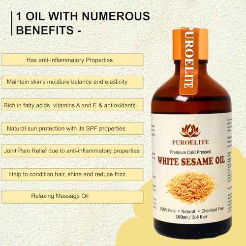 Image of Premium Cold Pressed White Sesame (Til ka tel) 100% Pure & Natural for, Face, Hair, Glowing Skin, Pain relief, Glass bottle with dropper, 100 ml