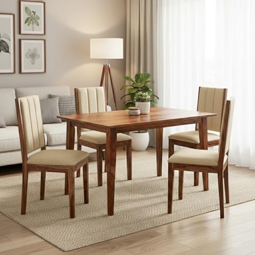 Image of Sheesham Wood Dining Table 4 Seater | Wooden Four Seater Dinning Table with Beige Cushion Chairs | 4 Seater Dining Table | Dining Room Sets | Natural Finish