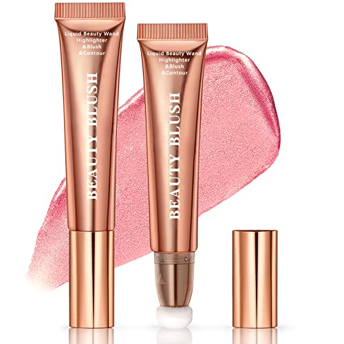 Newbang Liquid Blush Beauty Wand Shimmer Face Blush With Cushion Applicator, Natural Pearl Finish, Silky Smooth Cream Formula, Moisturizing Shiny Glitter Blusher Rouge Rubor Stick Pen #Peach Pink #TOP14