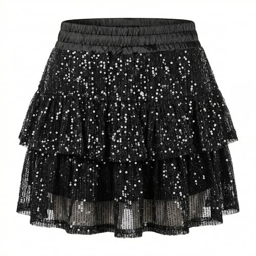 Zidoley Glitzer Rock Pailettenrock für Damen Dehnbare High-Waist Skirt mit Pailletten für Party Rave Outfit Karneval (L Schwarz)