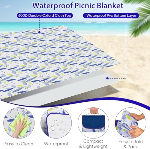 Image of Beach Blanket Outdoor Picnic Blankets Mat 80 inchx60 inch Extra Large Waterproof Sand Proof Camping Blanket Lightweight Folding Portable Travel Blanket for Family Park Beach Grass(Blue Print)