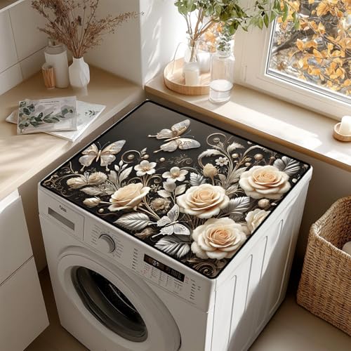AOHMPT Non-Slip Washer & Dryer Top Cover Mat – Dust-Proof Protector Pad with Multiple Pattern Designs for Laundry Room & Kitchen Decor, Universal 23.6"x19.7" (White Flowers, 23.6"x19.7")