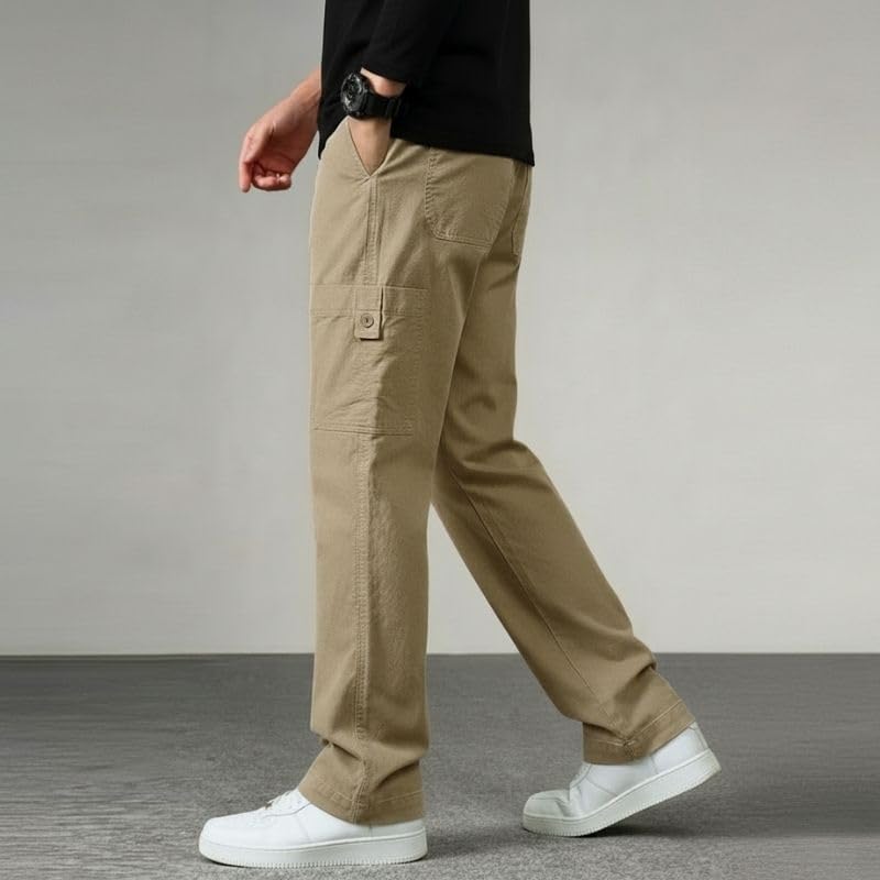 Image of Cargo for Men | Cotton Cargo Pant | Lower for man | Elastic Drawstring Waist Straight Fit Bottoms | Comfortable Breathable Summer Cargos for Casual, Office Wear
