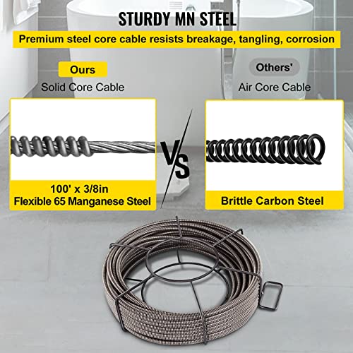 VEVOR Drain Cleaning Cable 100 FT x 3/8 Inch, Solid Core Steel Sewer Cable with 4 Cutter for 2" to 4" Pipes, Sewer Auger Cleaner Cable for Sink, Floor Drain, Toilet by VEVOR - Image 4