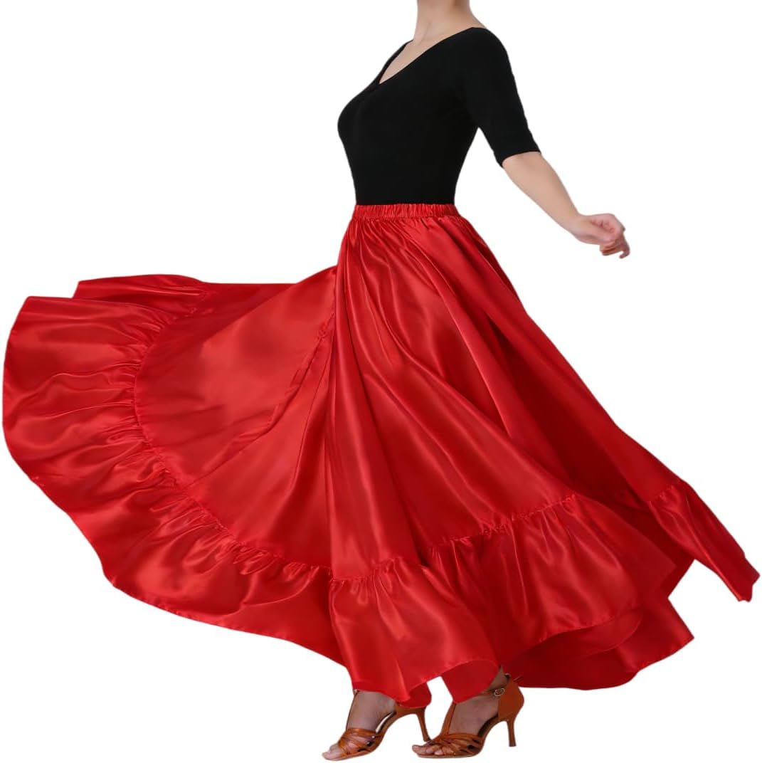 38" Satin Ruffle Long Dance Skirt for Women | Latin, Flamenco, Folkloric, Mexican, Belly Ballroom Dance Performance