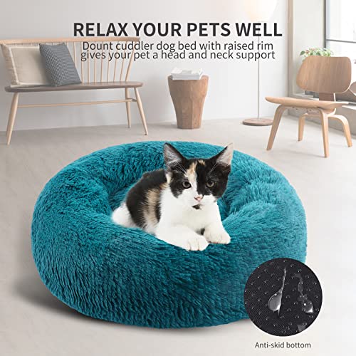 BVAGSS Hundebett Rund Katzenbett Flauschig Donut Kuscheliges Hundekissen Waschbar Ultra Weicher Plüsch Haustierbett für Kleine, Mittelgroße und Große Hunde, Katzen XH034 (Diameter:80 cm, Cyan)
