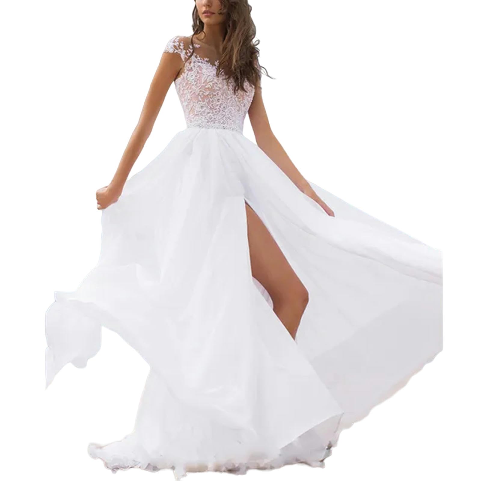 TEidea Vestito Donna Elegante Abito in Pizzo Senza Schienale Abito da Festa: Abito da Sposa Bianco con Maniche Corte E Back-Up