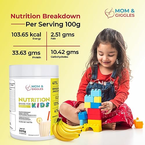 Image of MOM & GIGGLES Plant Based Protein Powder| Vegan protein Powder | Pea Protein Powder | Kids Nutrition Shake - With Shaker - (Banana Flavour) Pack of 1-500 gm