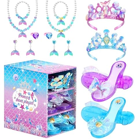 Mermaid Princess Dress Up Shoes, Toddler Dress up Toys, Girls Pretend Play Role Play Princess Shoes Set with Crown Earrings Necklaces Ring Gifts for Little Girls Aged 3-6 Years Old Cover