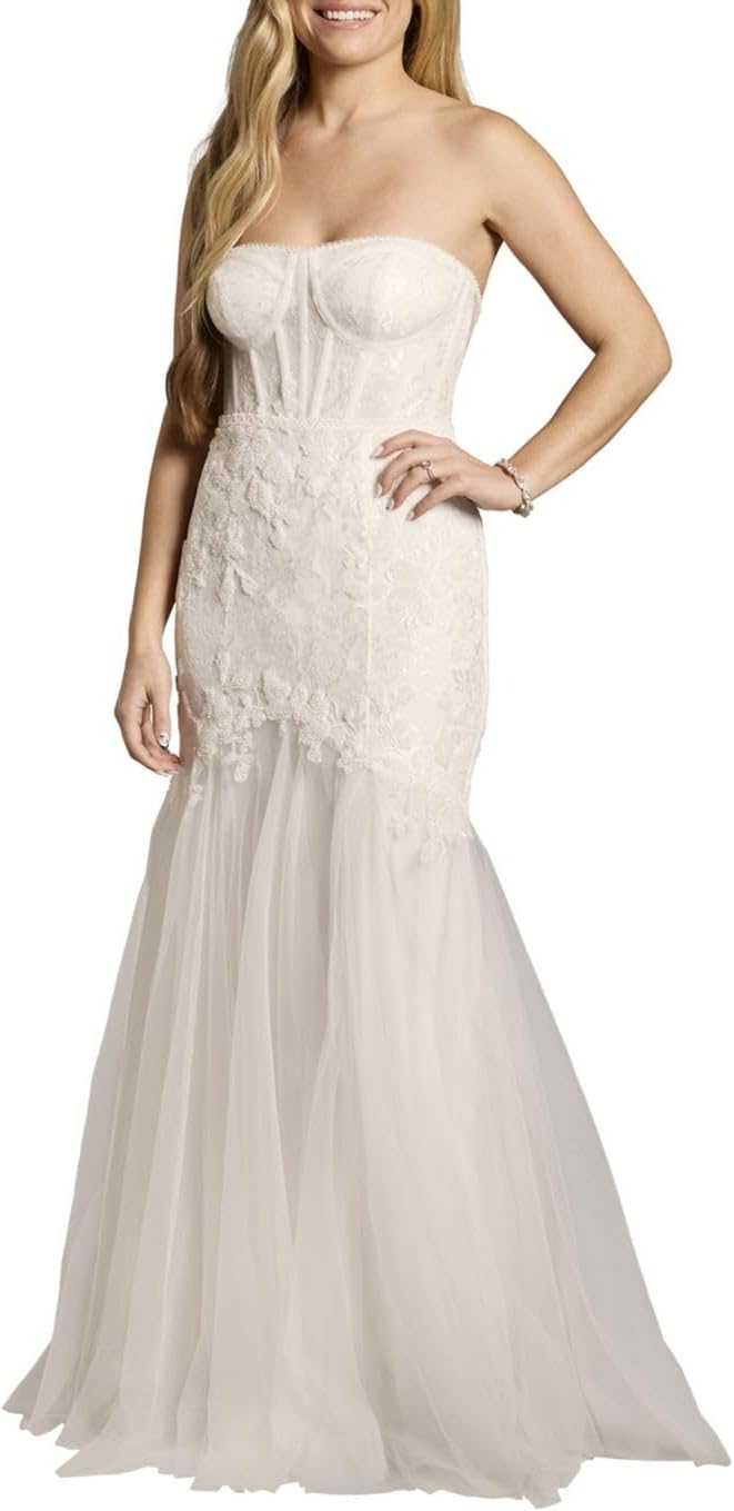 David's Bridal Strapless Beaded Lace Mermaid Wedding Dress