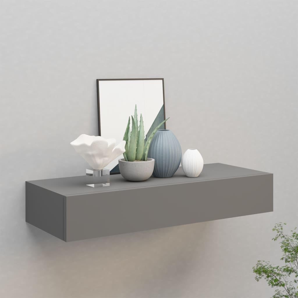 YUANCHUTOP Floating Nightstand Shelf with Drawer, 60x23.5x10 cm, Bedside Shelf Wall Mounted Nightstand, Small Floating Bed Side Table/Night Stand with Drawer for Bedroom (Grey)