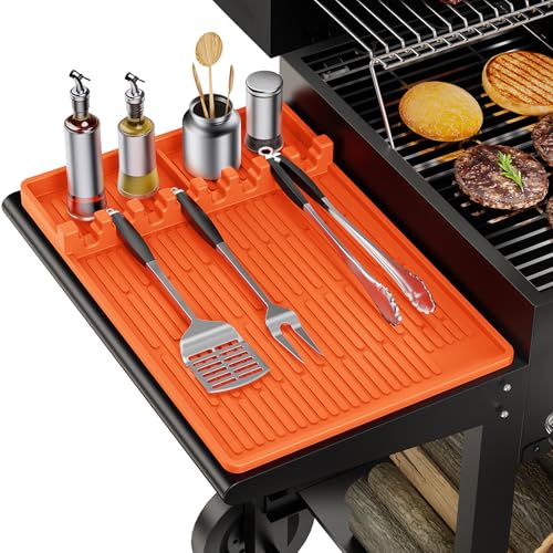 MealHelper Silicone Griddle Tools Mat, Grill Mat for Outdoor Grill with Seasoning Jars Holder, Side Shelf Pad for Grilling Accessories, BBQ Tool Rest, Kitchen Aid Accessories and Attachments(Orange)